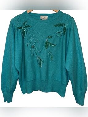 Stephanie Vintage 1980s Lambswool Angora Dolman Sleeve Sweater Turquoise Sequin